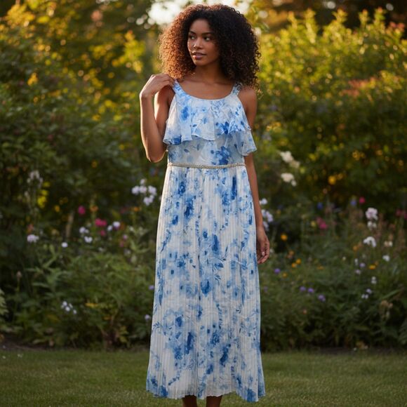 Emily West Junior Girls Long Floral Dress – Size 12, Blue/White, Pre-Owned - Picture 3 of 7